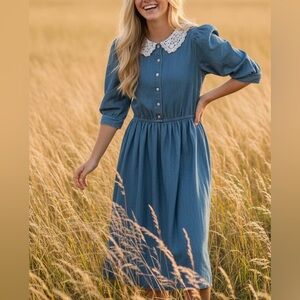 You Too Babes Vintage Cotton Denim Dress with Lace Accent